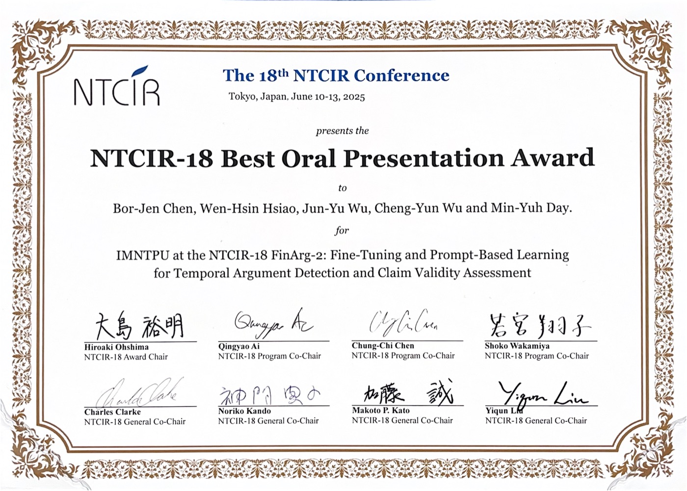 NTCIR-18 Best Oral Presentation Award