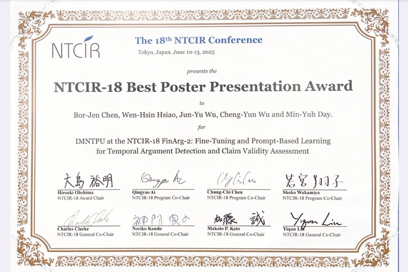NTCIR-18 Best Poster Presentation Award certificate